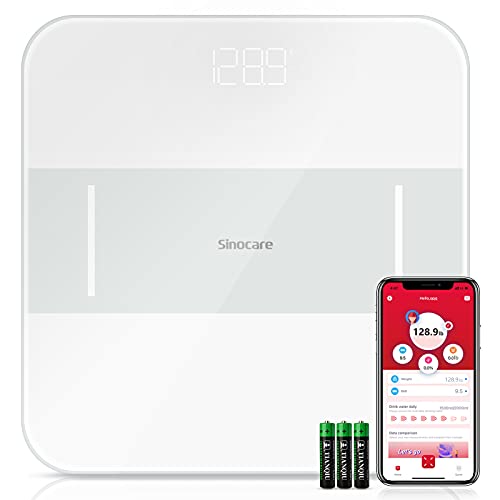 Sinocare Digitale personenweegschaal, personenweegschaal met app, lichaamsgewicht/BMI-metingen, hoge precisie, glazen oppervlak, led-display, wit