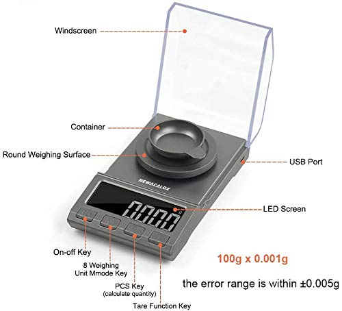 Digitale Milligram-weegschaal, 100 g x 0,001 g NEWACALOX oplaadbare hoge precisie sieradenweegschaal, draagbare sieradenweegschaal met kalibratiegewichten pincet weegpannen en USB-kabel (100 g)