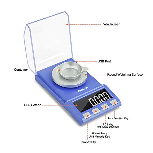 Toolour Mini-precisieweegschaal, 0,001 g x 200 cm, met 100 g kalibratiegewicht, tara-functie