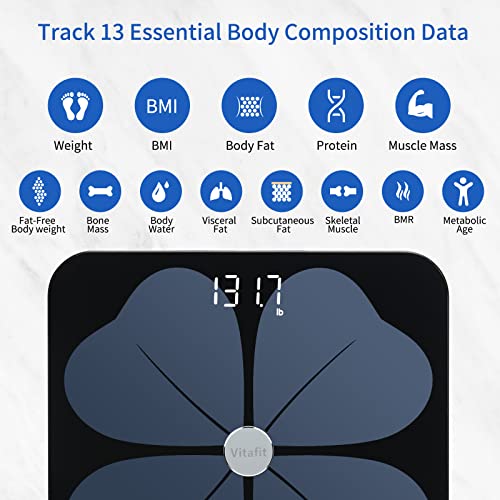 Vitafit Lichaamsvetweegschalen, slimme weegschalen voor lichaamsgewicht met BMI digitale weegschalen voor badkamer, lichaamssamenstelling analysator met gezondheidsmonitor synchronisatie-apps, st/lb/kg, zwart