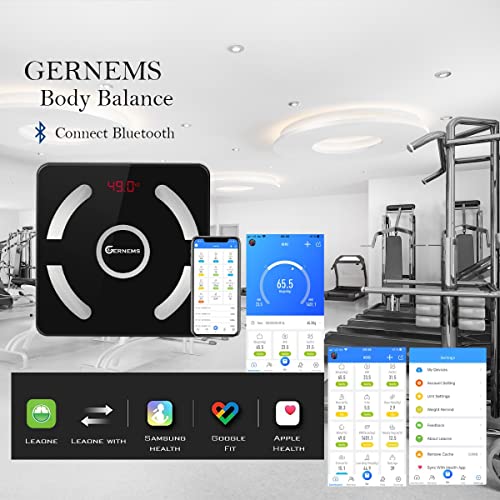 Gernems Digitale personenweegschaal met lichaamsvet en spiermassa, bluetooth lichaamsvetweegschaal met app; slimme weegschaal voor je gezondheid, lichaamsvet, BMI, gewicht, spiermassa, water, eiwitten, BMR - zwart