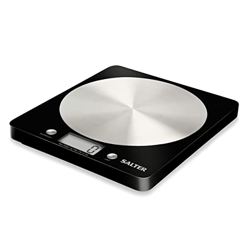 Salter 1036 BKSSDR Disc Electronic Scale, Seen on TV, Stylish Slim Design, Home & Kitchen Cooking, Spun Stainless Steel Platform, Add & Weigh, Measures Liquids & Fluids, 5 KG Max Capacity Black/Chrome