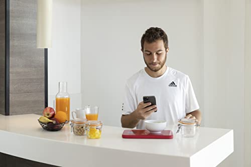 Terraillon 14414 Keukenweegschaal, met smartphone/tablet verbindbaar, berekening van de energieopname, met tarra-functie, vloeistofweergave, timer, Bluetooth Smart, 5 kg, NutriTab, Cranberry Red