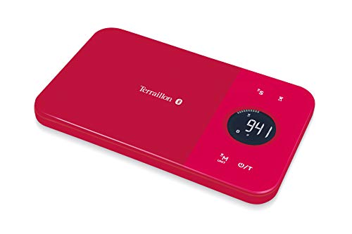 Terraillon 14414 Keukenweegschaal, met smartphone/tablet verbindbaar, berekening van de energieopname, met tarra-functie, vloeistofweergave, timer, Bluetooth Smart, 5 kg, NutriTab, Cranberry Red