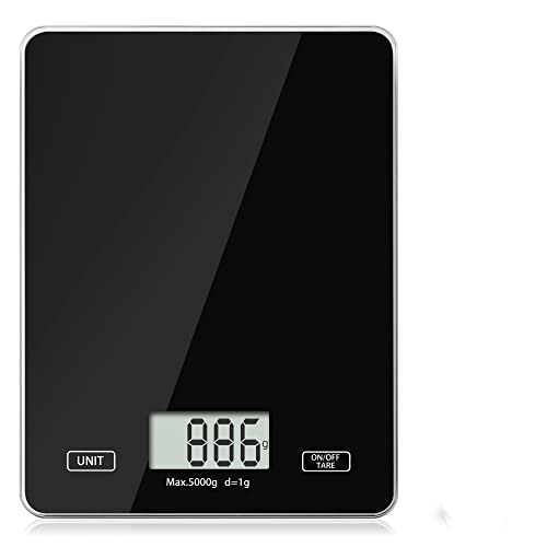Meromore digitale keukenweegschaal, 5 kg (1 g nauwkeurig), digitale weegschaal, elektronische weegschaal, digitale huishoudweegschaal, zeer nauwkeurig, lcd-display gemaakt van veiligheidsglas, tarrafunctie (zwart)