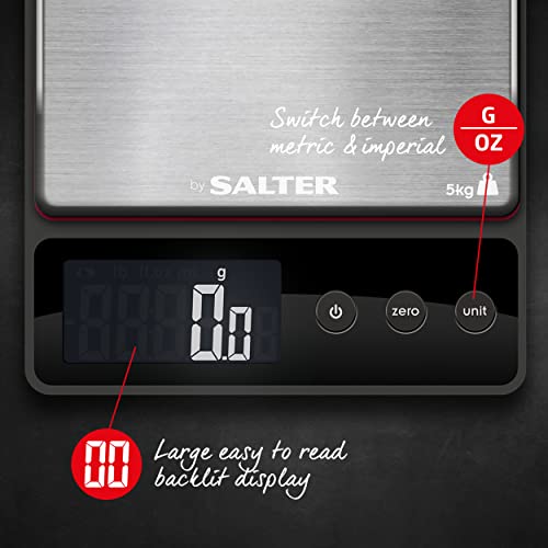 Heston Blumenthal Precision by Salter 1140A HBBKDR Premium Digital Precision Kitchen Scale, 5kg Capacity, 0.5g Increments, Add & Weigh, Backlit Display, Slim, Measures Liquids, Stainless Steel/Black