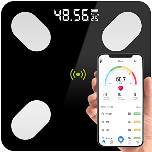 Retoo Digitale Bluetooth lichaamsvetweegschaal met lichaamsanalyseweegschaal, gehard glas, personenweegschaal met app iOS en Android, smart weegschaal voor spiermassa, lichaamsvet, BMI, water, skeletspieren, BMR, zwart