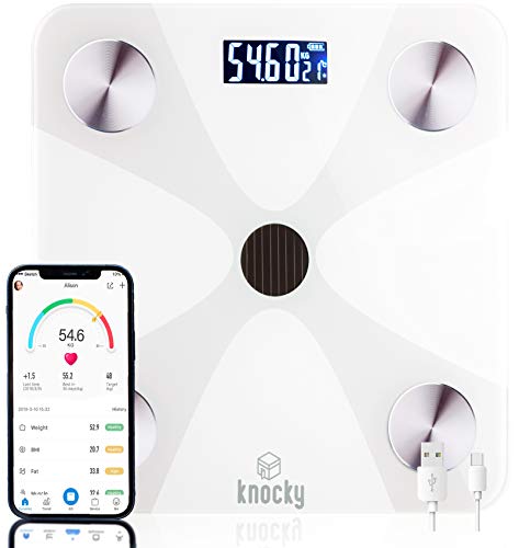 KNOCKY Digitale Weegschaal zonder Batterijen, voor in de Badkamer, Smart Bluetooth Scale, USB Opladen, Kunstmatig Licht en Zonne-energie Weegschaal – Zeer Nauwkeurig Wegen - Lichaamsvet, Spiermassa, BMI