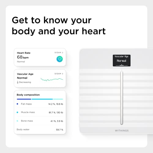 Withings Body Cardio - slimme wifi-weegschaal met analyse van de lichaamssamenstelling, monitoring van de hartgezondheid, vasculaire leeftijd, BMI, vet-, spier- en botmassa, water% - Wit