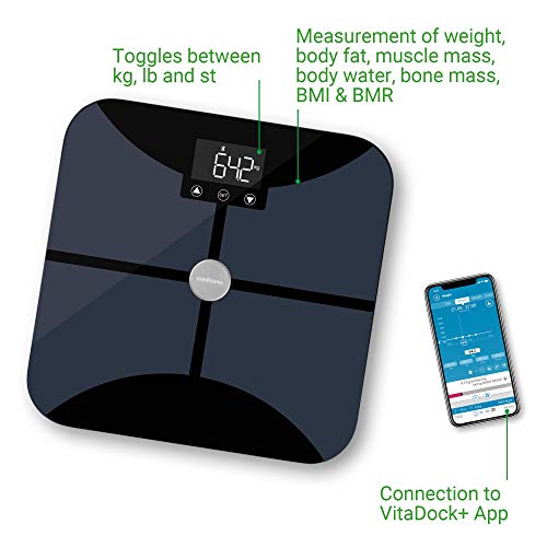 medisana BS 652 weegschaal voor lichaamsanalyse tot 180 kg met W-LAN of Bluetooth, personenweegschaal voor het meten van lichaamsvet, lichaamswater, spiermassa en botgewicht met Body Analysis App