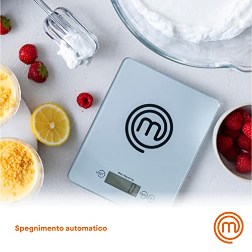 MasterChef Keukenweegschaal, breed platform, 4 mm gehard veiligheidsglas, Touch On & Auto-Off, hoge precisie trekmeter sensor