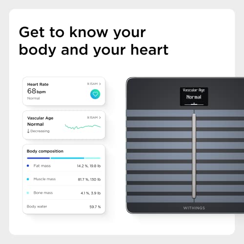 Withings Body Cardio - slimme wifi-weegschaal met analyse van de lichaamssamenstelling, monitoring van de hartgezondheid, vasculaire leeftijd, BMI, vet-, spier- en botmassa, water% - Zwart