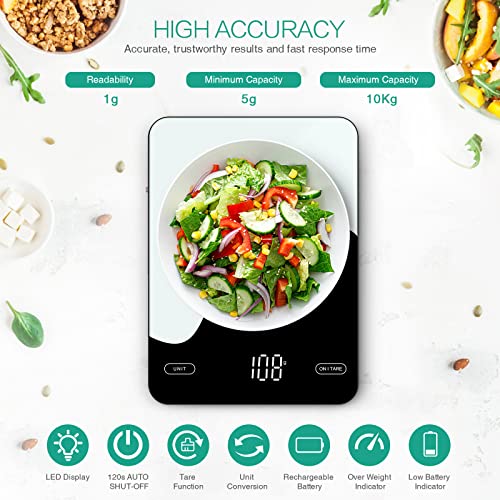 ORIA Voedselweegschaal oplaadbare, slimme keukenweegschalen met voedingscalculator APP voor gewichtsverlies, digitale bakschalen voor keuken, koken, koffie, calorieweegschalen met nauwkeurigheid van 1g (5g-10kg)