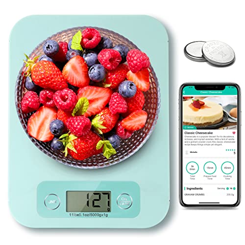 Slimme voedselweegschaal, digitale weegschalen voor voedselons en gram met APP, keukenweegschalen digitaal gewicht voor dieet, calorieweegschaal met voedingscalculator voor gewichtsverlies, bakken, koken (2,8 g nauwkeurigheid)