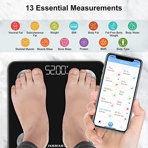 INSMART Digitale personenweegschaal voor lichaamsvet, BMI, gewicht, pulslag, spiermassa, water, eiwitten, skeletspieren, botgewicht, BMR, enz.