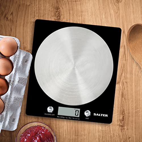Salter 1036 BKSSDR Disc Electronic Scale, Seen on TV, Stylish Slim Design, Home & Kitchen Cooking, Spun Stainless Steel Platform, Add & Weigh, Measures Liquids & Fluids, 5 KG Max Capacity Black/Chrome