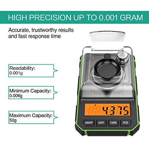 ORIA Digitale Zakweegschaal, 50g/0,001g Mini Precisie Weegschaal, met kalibratiegewicht van 50g en Elektrostatische Pincet, LCD-scherm met achtergrondverlichting (Inclusief Batterij) - Groente