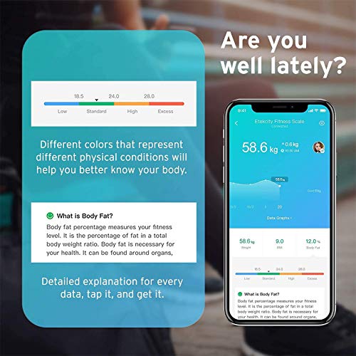 ETEKCITY Smart Digitale weegschaal met app, bluetooth, voor iOS en Android, personenweegschaal voor lichaamsvet, BMI, gewicht, eiwitten, enz., groter weegoppervlak, gehard glas, tot 180 kg, wit