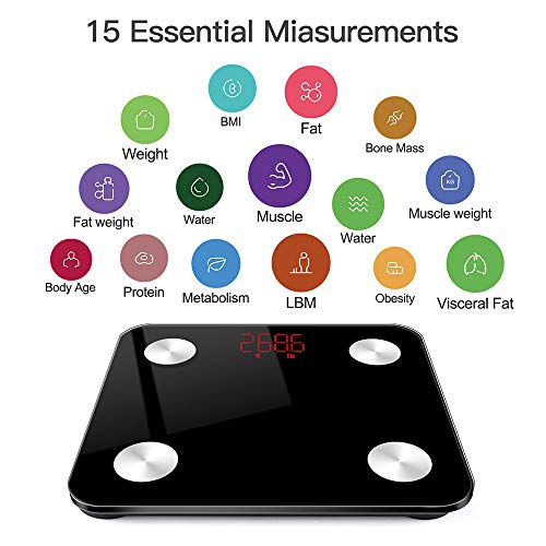 Lichaamsvetschaal, Bluetooth Smart Body Fat Scale, Personenweegschaal, Smart App, 79 Gezondheidsgegevens, Gehard Glas, voor Fitness Tracker voor Gewichtsverlies,Black