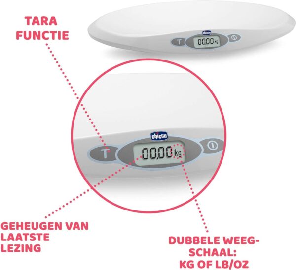 Chicco - Elektronische Babyweegschaal - 30 g tot 20 kg - LCD-Scherm - Met Gewichtsstabilisator - Opslaan Laatste Weging - Tarra-Functie