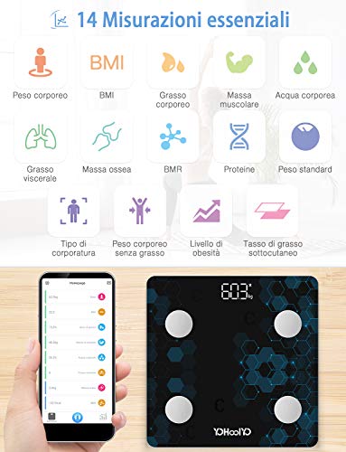 YOHOOLYO Digitale personenweegschaal, bluetooth, digitaal, met 14 parameters voor lichaamssamenstelling, app voor iOS en Android