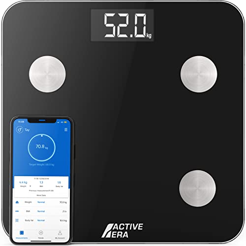 Active Era slimme weegschaal die lichaamsvet meet - digitale weegschaal met Bluetooth en 15 essentiële functies - zeer exact lichaamsgewicht, body mass index (BMI), visceraal vet - gratis smartphone-app (Zwart)