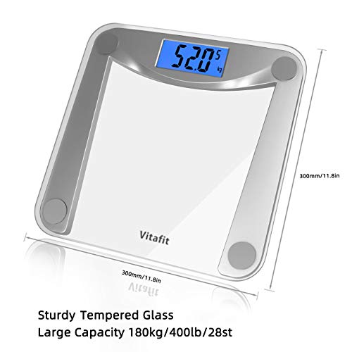 Vitafit Digitale weegschaal personenweegschaal van gehard helder glas, personenweegschaal met step-on-technologie, groot lcd-display, 5 kg - 180 kg