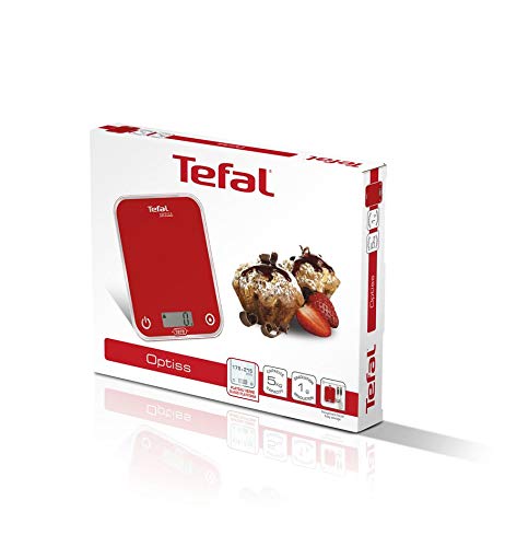 Tefal BC5003V1 Optiss Elektronische keukenweegschaal, 5 kg/1 g, tarrafunctie, vloeistofconversie, LCD-display, framboos, rood, klein