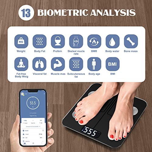 EEBBL Lichaamsvetweegschaal, Bluetooth Digitale Lichaamsgewicht Badkamerweegschalen Weegschaal Slimme BMI-weegschalen, Lichaamssamenstellingmonitoren met smartphone-app, 400 lbs (steen/lb/kg)