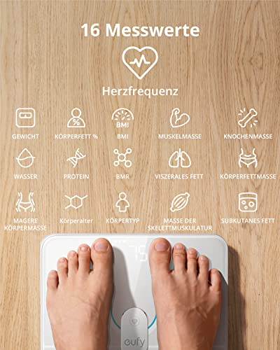 eufy Smart Scale P2 Pro, digitale weegschaal voor lichaamsvet, WLAN/Bluetooth, 16 meetwaarden incl. gewicht, hartslag, lichaamsvet, BMI, spier-/botmassa (wit)