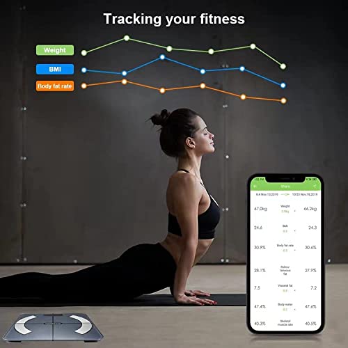 Lichaamsvetweegschaal, bluetooth personenweegschaal met app, smart digitale weegschaal voor lichaamsvet, BMI, gewicht, spiermassa, water, eiwitten, skeletspieren, botgewicht, BMR, zwart