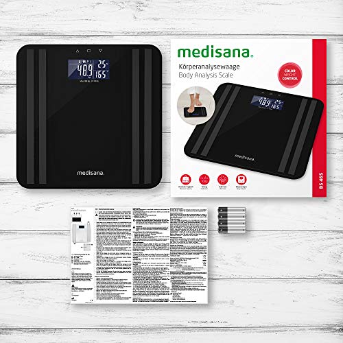 medisana BS 465 weegschaal voor lichaamsanalyse tot 180 kg, personenweegschaal voor het meten van lichaamsvet, lichaamswater, spiermassa en botgewicht, lichtindicator voor lichaamsvetschaal