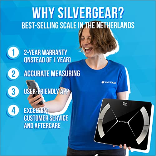 Silvergear® Slimme Weegschaal | Bluetooth Digital Weegshaal | Smart Body Analysis Scale met App | Meet BMI, Gewicht, Water, Proteïne, Botgewicht, BMR | Zwart