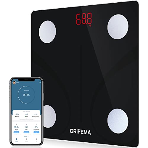 GRIFEMA GA2001 Digitale Lichaamsvetweegschaal, Digitale Gewicht Badkamerweegschalen, Slimme Bluetooth-Weegschaal met MovingLife-App, 13 Lichaamsbewakingsfuncties, Max 150kg, Zwart