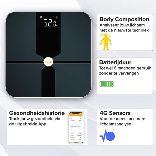 Robi S6 Personenweegschaal - Lichaamsanalyse slimme weegschaal, lichaamsvetmonitor, BMI, spiermassa, vochtpercentage, digitaal gewicht badkamerweegschaal, app-synchronisatie