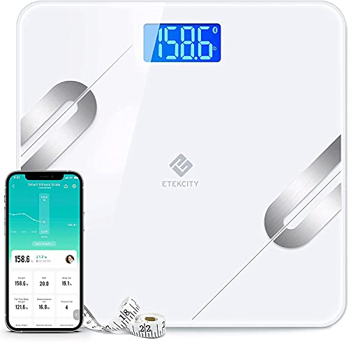 ETEKCITY Smart Digitale weegschaal met app, bluetooth, voor iOS en Android, personenweegschaal voor lichaamsvet, BMI, gewicht, eiwitten, enz., groter weegoppervlak, gehard glas, tot 180 kg, wit
