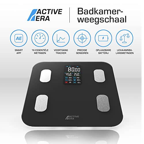 Active Era Smart Weegschaal met Groot Led-Display - Bluetooth Digitale Weegschaal met 16 metingen, Hoge Precisie Lichaamsgewicht, Body Mass Index (BMI), Gratis Smartphone App - Zwart