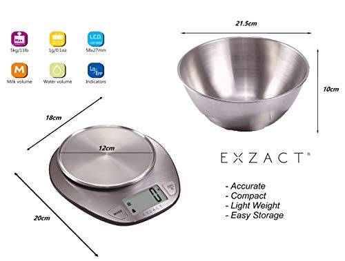 Exzact Keukenweegschalen/elektronische keukenweegschaal - premium groot display - weegschaal voor nat en droog voedsel met roestvrijstalen mengkom - 5 kilogram