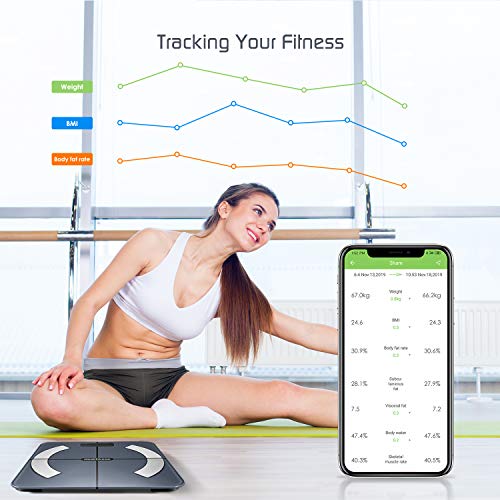 Lichaamsvetweegschaal, Bluetooth personenweegschaal met app, slimme digitale weegschaal voor lichaamsvet, BMI, gewicht, spiermassa, water, eiwitten, skeletspieren, botgewicht, BMR, zwart