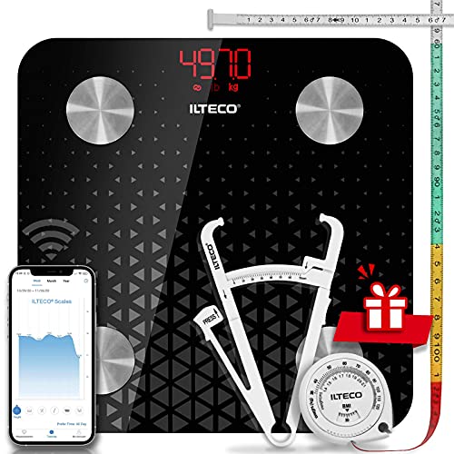 ILTECO Badkamerweegschaal voor lichaamsvet en spiermassa, slimme digitale Weegschaal met Bluetooth-technologie, Analysator Van Lichaamssamenstelling voor 13 lichaamswaarden, smart Personenweegschaal voor Android en iOS, Zwart kleur