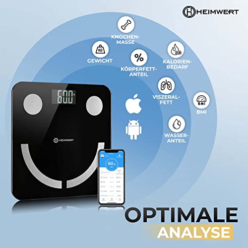 HEIMWERT Weegschaal voor lichaamsvet, zeer goed, testwinnaar design, weegschaal met Bluetooth app en oplaadbare USB-accu, lichaamsanalyseweegschaal, personenweegschaal, personenweegschaal, lichaamsvet, digitaal
