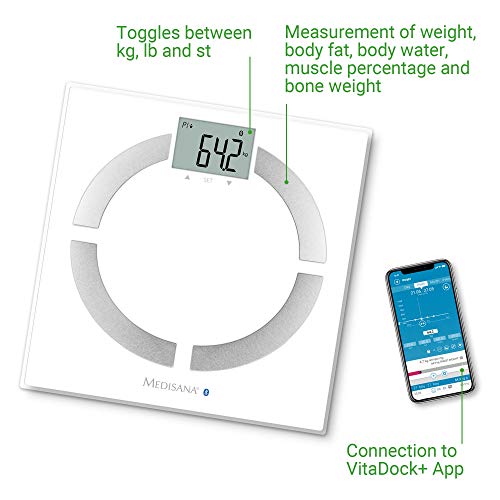 medisana BS 444 connect, digitale weegschaal voor lichaamsanalyse 180 kg, personenweegschaal voor het meten van lichaamsvet, lichaamswater, spiermassa en botgewicht, lichaamsvetweegschaal met app