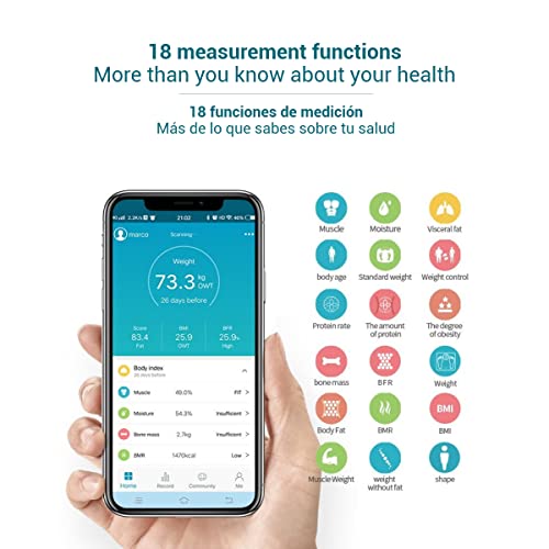 VENSALUD - Digitale weegschaal - Vensalud - Slimme Bluetooth-weegschaal - Mobiele app - Elektronica met lichaamsanalyse - Met 18 Gewichtsmetingen - BMI-, viscerale en spiermetingen.