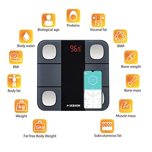 SEBSON Digitale Lichaamsvet Weegschaal met App, Bluetooth, Lichaamsanalyse - BMI, Vetpercentage, Calorieen, enz. - Personenweegschaal tot 180kg