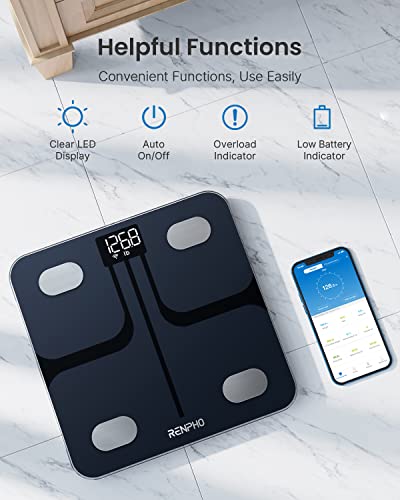 RENPHO slimme wifi-lichaamsvetweegschaal voor lichaamsgewicht, digitale badkamerweegschaal Bluetooth-weegschaal, lichaamssamenstellingsmonitor BMI-weegschaal met smartphone-app voor fitnesstrack, step-on-technologie, zwart