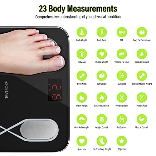 ASOBEAGE Lichaamsvetweegschaal, Bluetooth personenweegschaal met app Bevat lichaamsgewicht, lichaamstype, BMI, lichaamsvetgehalte, lichaamsleeftijd, spiergewicht, visceraal vetgehalte,zwart