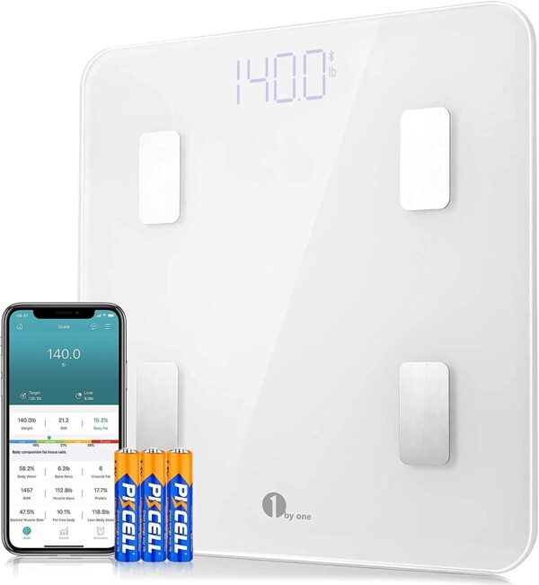 1 BY ONE Smart Body Fat Scales voor lichaamsgewicht Stenen en ponden, digitale weegschalen Badkamer Body Samenstelling Monitoren met Android iOS App, Werkt met Apple Health, Google Fit & Fitbit, Wit