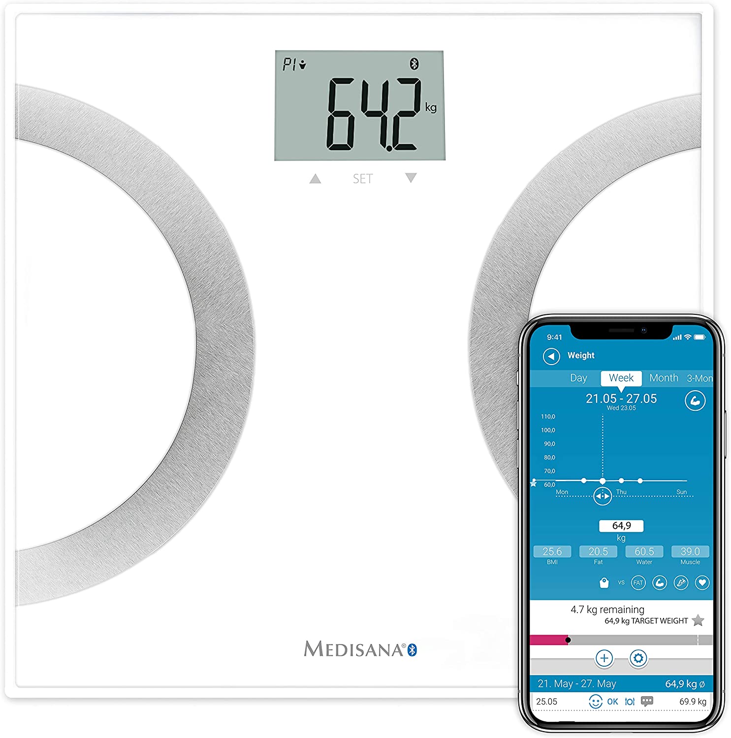 medisana BS 445 connect, digitale weegschaal voor lichaamsanalyse 180 kg, personenweegschaal voor het meten van lichaamsvet, lichaamswater, spiermassa en botgewicht, lichaamsvetweegschaal met app
