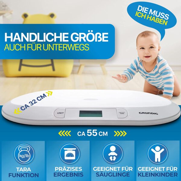 GRUNDIG Babyweegschaal, digitale kinderweegschaal tot 20 kg, digitale led-display, gewichtscontrole vanaf de geboorte, lcd-display, tarrafunctie, hoge afleesnauwkeurigheid, automatische uitschakeling (wit)