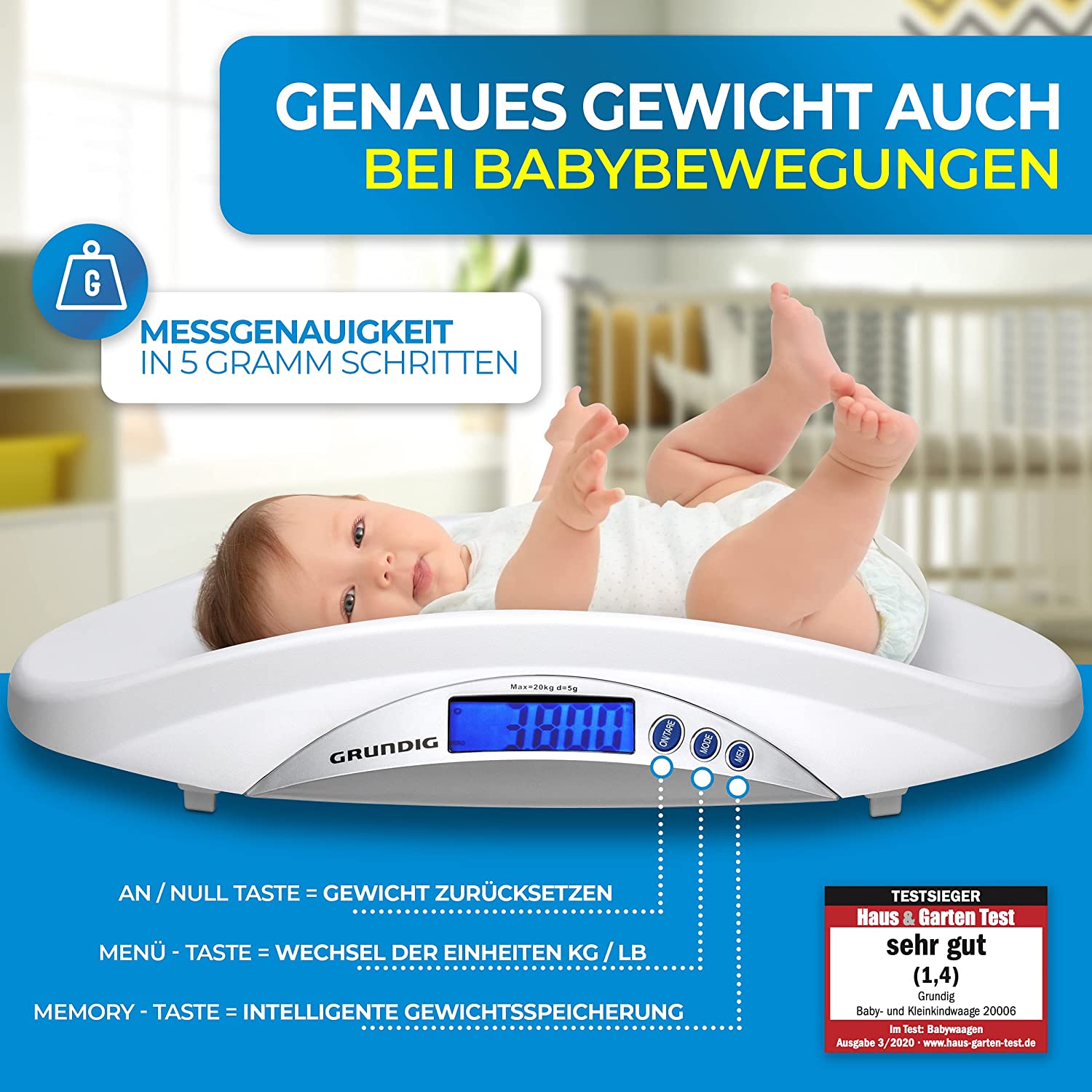 Grundig Babyweegschaal, digitale borstvoedingsweegschaal, testwinnaar - zeer nauwkeurige babyweegschaal in stappen van 5 gram, babyweegschaal, babyweegschaal, kinderweegschaal, digitaal gewicht trolley (wit)
